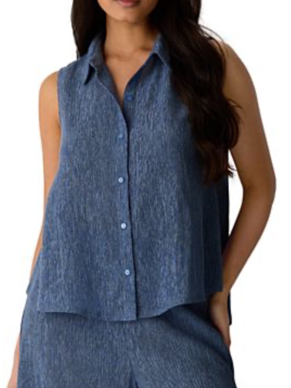 Ellie Tahari Textured dark Chambray Sleeveless Button-Down Top